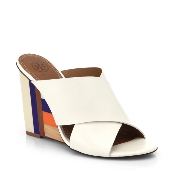 Tory Burch Leather Perspex Wedge Mules Cube Leather Crossover Wedge Sandals - Picture 13 of 16